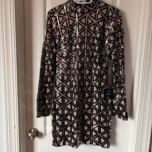 Lulu's Black and Gold Geometric Sequin Dress